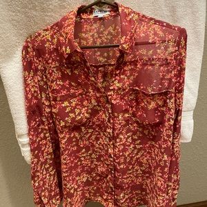 Express Portofino Button Down Shirt Large Burgundy Floral Print